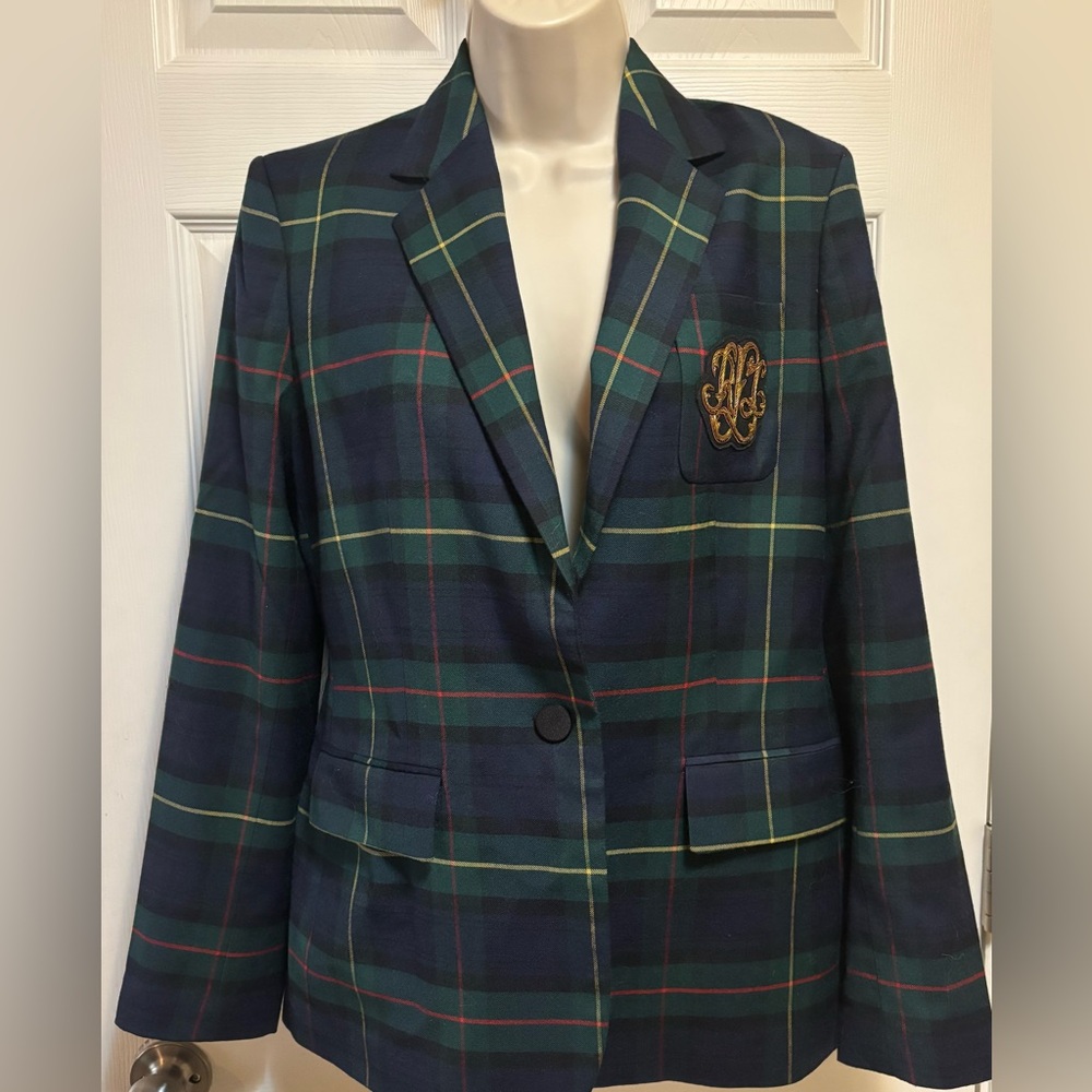 Lauren Ralph Lauren Plaid Blazer Jacket Crest Patch Size 6 Preppy